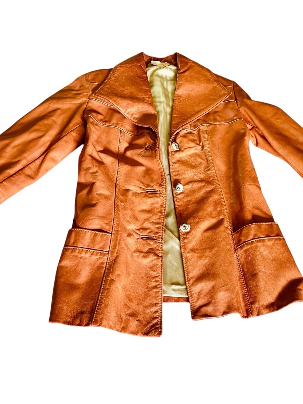 Women's Vintage Midcentury Camel Brown Leather Button-Front Jacket